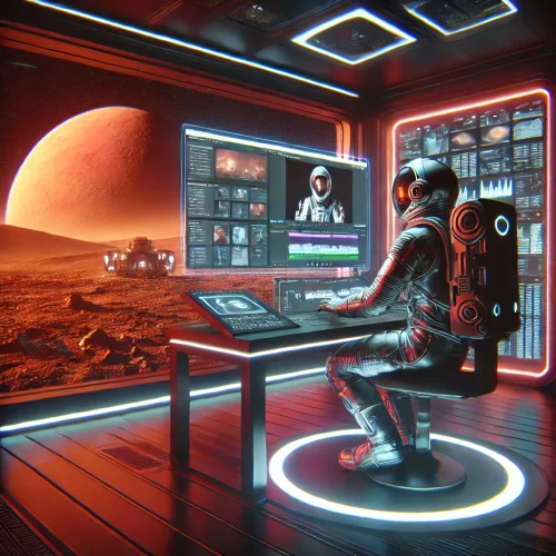 DALL·E 2025-02-17 10.52.18 - A futuristic video editing scene on Mars. An astronaut in a high-tech spacesuit is sitting at a digital workstation, editing a video on a holographic