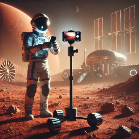 DALL·E 2025-02-17 10.53.42 - A futuristic short-form video creation scene on Mars. An astronaut in a high-tech spacesuit is holding a smartphone, recording a short video in selfie