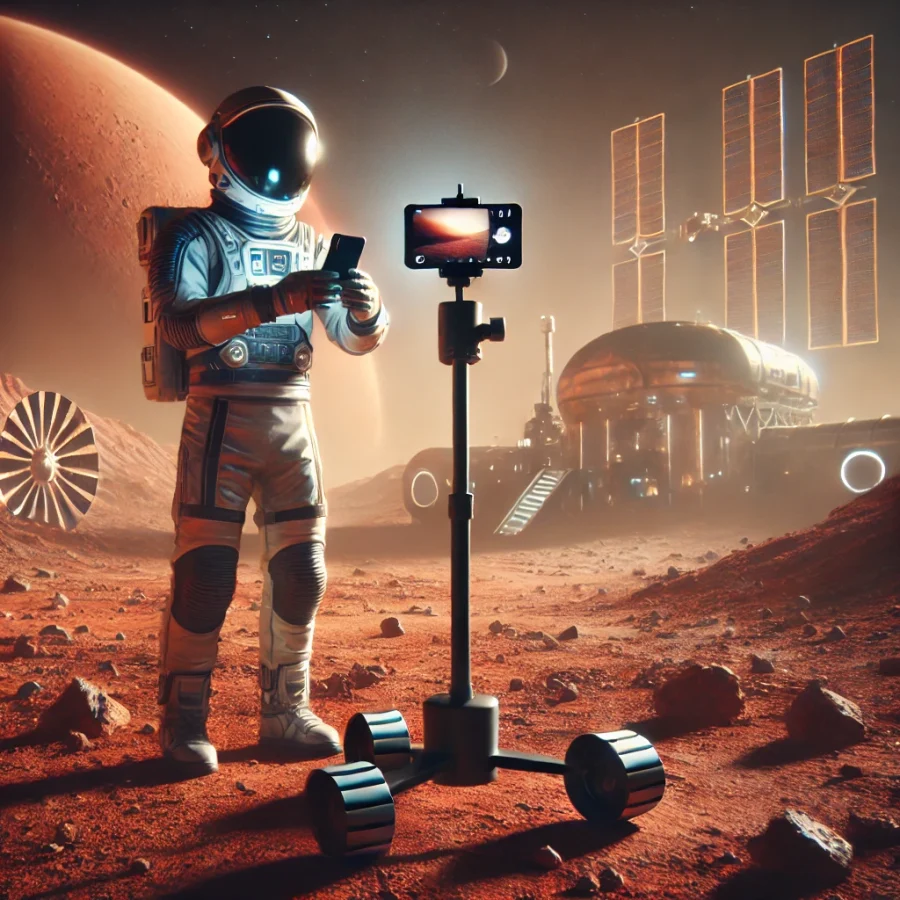 DALL·E 2025-02-17 10.53.42 - A futuristic short-form video creation scene on Mars. An astronaut in a high-tech spacesuit is holding a smartphone, recording a short video in selfie